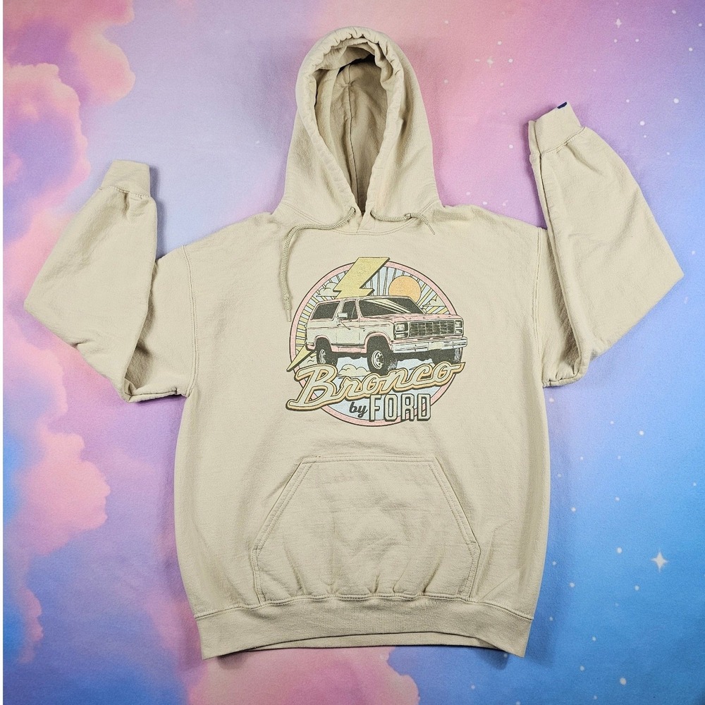 Ford‎ Bronco Hoodie Mens XS Beige Graphic Pullover Sweatshirt Licensed Good